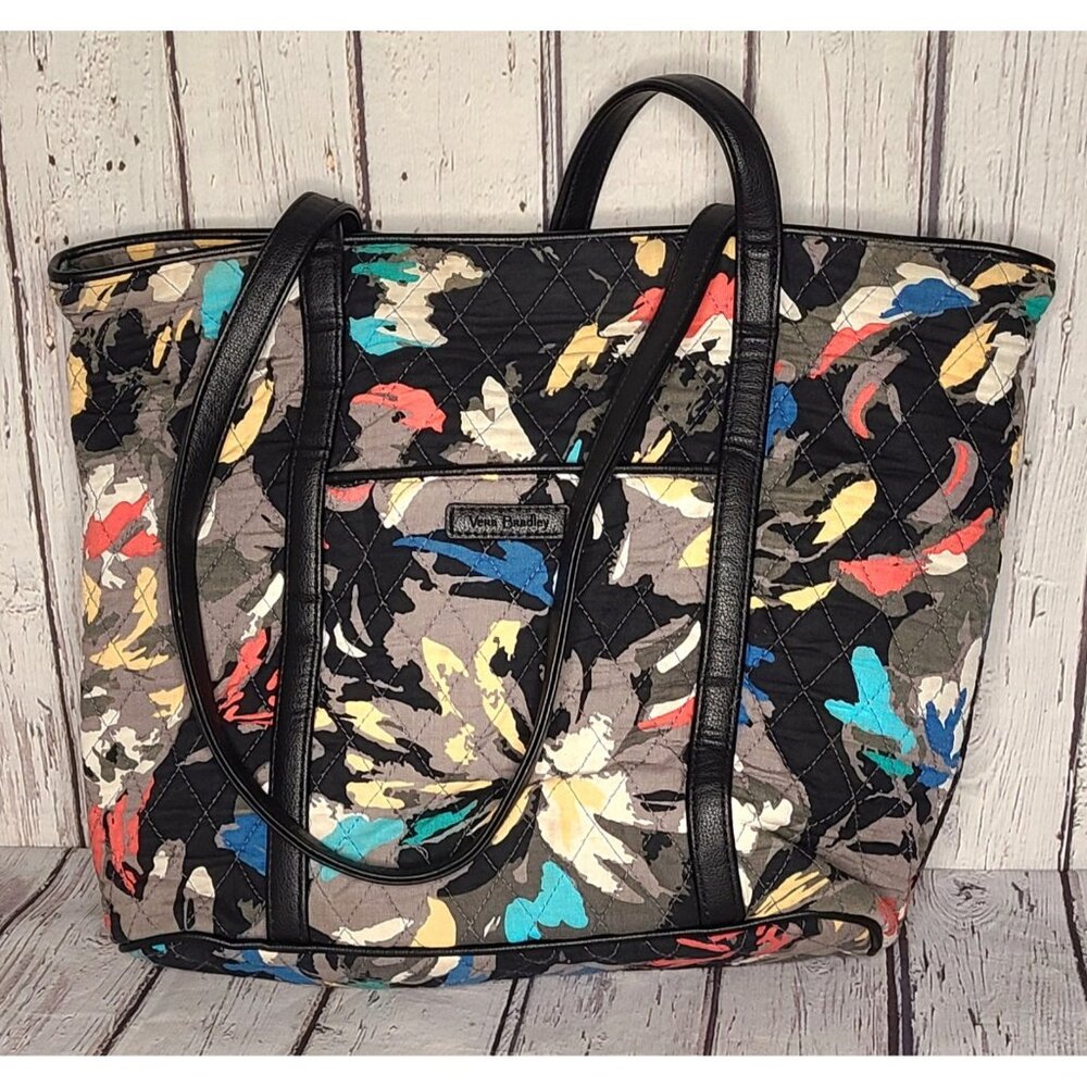 15" Vera Bradley Splash Floral Tote Shoulder Handbag Leather Straps Quilted Big